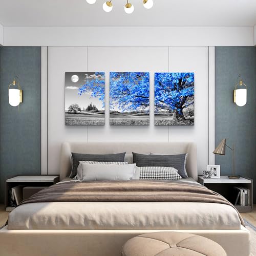 Lapremoly Canvas Wall Art For Salon Living Room Farmhouse Wall Decor For Bedroom Office Decor Black And White Landscape Wall Paintings Blue Trees Wall Pictures Modern Home Walls Artwork 3 Piece