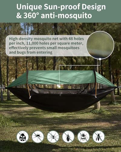 Travel Bird Camping Hammock Tent with Mosquito Net and Sunshade, Extra Large for 2 Person, Lightweight Hanging Hammocks Tree Straps Swing, Bivvy Ground Tent for Outside, Hiking, and Travel