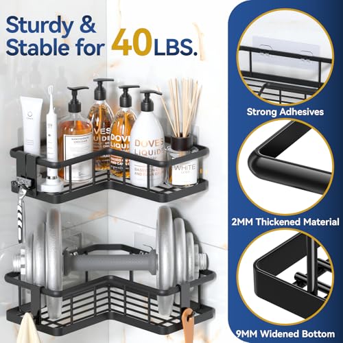 YASONIC 2024 New Corner Shower Caddy, 3-Pack Shower Organizer Corner with Soap Holder and 4 Removable Hooks, Rustproof Corner Shower Shelves, No Drilling Shower Shelf for Inside Shower, Black