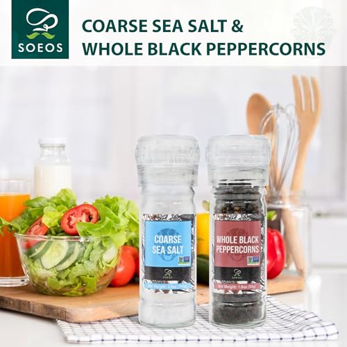 Soeos Sea Salt 3.5 oz + Black Peppercorns 1.8 oz, Salt for Grinder Refill, Salt and Peppercorns, Pepper Grinder Refill, Non-GMO Spice Seasoning Set For Cooking (150g Grinders, Glass Bottle)