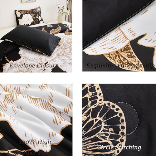 ANGIYUIN Black Floral Full Size Comforter Set White Flowers Bedding Set 3 Pcs Gold Leaves Butterfly Botanical Bedding Comforter Set Soft Farmhouse Bed Sets for Women Men