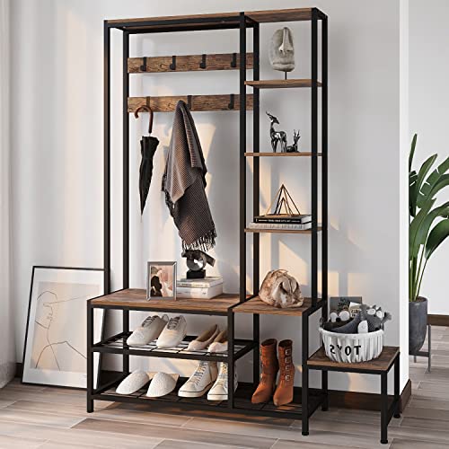Espelism Hall Tree with Shoe Storage Bench Coat Rack with 7 Hooks Interchangeable 4 Tier Side Storage Shelves Small Cute Side Bench Industrial 5-in-1 Entryway Coat Rack for Hallway Mudroom Bedroom