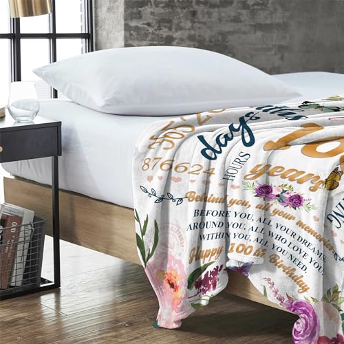 Hcoviv 100th Birthday Gifts Women Blanket 50*60, Happy 100th Birthday Gift Ideas, 100th Birthday Decorations, Gifts for Women Turning 100, Gifts for 100-Year-Old, Best Bday Present 1925 Throw Blanket
