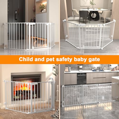 25.6" Tall Baby Gate,80" Extra Wide Baby Gate Easy to Pass,Auto Close Dog Gate with Door Walk Through, Pet for House Stairs Doorways Fireplace, 3 Metal Panels, Hardware Mounted Baby Fence(White)