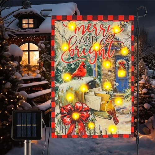 Santa Claus Sleigh Reindeer Season Greeting Solar Led Lighted Garden Flag, USA Flag Christ Cross Yard Decor for Christmas Holiday Outside 12x18 Inch