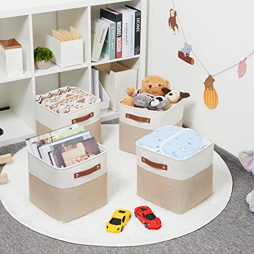HNZIGE Foldable Storage Cubes Baskets for Organizing Set of 4, Fabric Cube Storage Bins 11 x11, Collapsible Storage Basket Bins Cube with Handles for Shelves Home Nursery(White Beige)