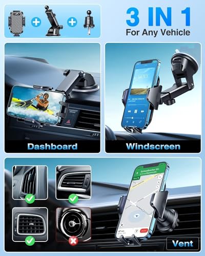 VANMASS 【2024 Newest & Strongest Military-Grade Cert Car Phone Holder Mount【Over 60LBS Suction】 Dashboard Windshield Cell Automobile Cradles Truck Hook Vent for iPhone 15 Pro Max 14 13 12 Samsung, Black