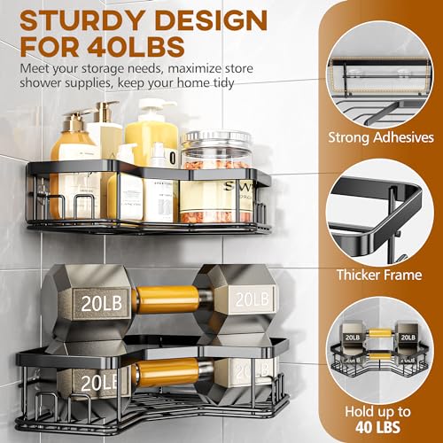 MAXIFFE Shower Caddy, 5-Pack Shower Organizer with Soap Holder, Corner Shower Caddy with 8 Hooks, Wall Mounted Shower Shelf for Bathroom, Kitchen, Countertop, Black