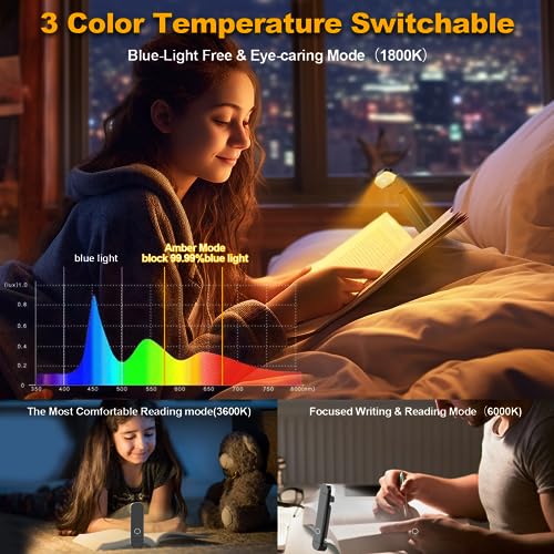 HIONXMGA Book Reading Light,Silent Touch Book Lamp for Reading in Bed,Rechargeable Clip on Booklight with 3 Amber Colors & 7 LEDs Precise Dimming for Eye Caring Night Reading,Book Lovers,Kids,Black