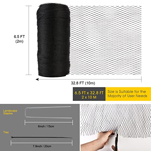 Bird Netting for Garden - 6.5 x 32.8 FT Heavy Duty Anti Bird Netting Mesh with Ties and Landscape Staples for Vegetable, Fruit Trees & Other Plants, Lasting Against Birds Deer Squirrels and Poultry
