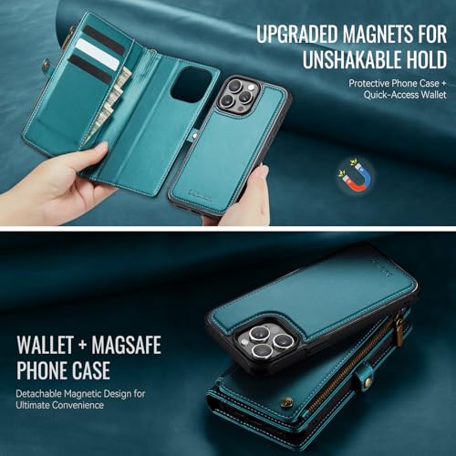 Defencase for iPhone 15 Pro Magnetic Wallet Case Compatible with Magsafe with RFID Blocking Zipper Strap Card Holder for Women, PU Leather Detachable Case for iPhone 15 Pro (6.1 inches), Blue Green
