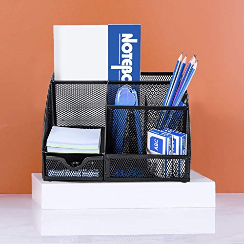 Refand Mesh Desk Organizer, Desktop Office Supplies Multi-Functional Caddy Pen Holder Stationery with 6 Compartments and 1 Drawer for Office, Home, School, Classroom