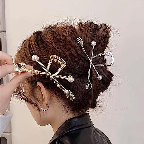 Forks Spoons Hair Clips with Pearl Gold Metal Hair Claw Clips for Women Girls Creative Forks and Spoons Hair Accessories Shiny Elegant Hairpins Strong Hold Nonslip Hair Clip Goddess Look 1 Pcs