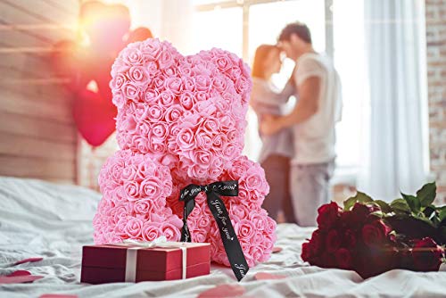 Rose Teddy Bear, Rose Bear Teddy Bear,10" Flower Bears with Lights, Rose Bear Foam Artificial Flower,Lighted Up Rose Teddy Bear Gifts for Valentines Day, Mothers Day,Anniversary (Red)
