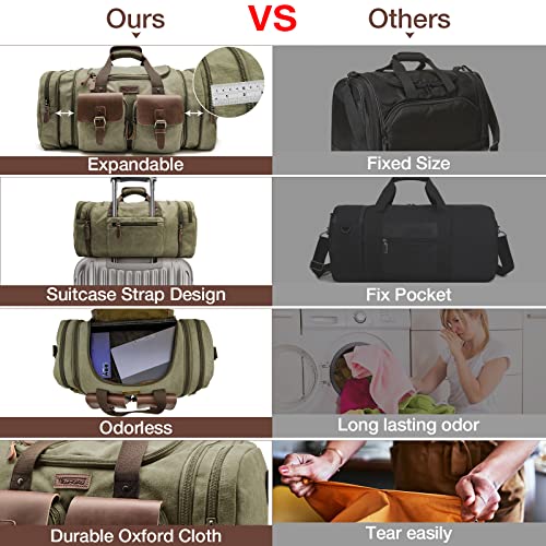 Wildroad 50L Travel Duffel Bag, Expandable Canvas Genuine Leather Duffle Bag Upgraded Overnight Weekender Bag Carry on Bag