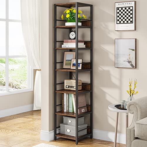 Tribesigns 6-Tier Corner Shelf, 75 Inch Tall Narrow Bookshelf Storage Rack, Etagere Shelves Display Stand for Small Spaces, Rustic Open Bookcase Square Shelf Tower for Living Room Bathroom