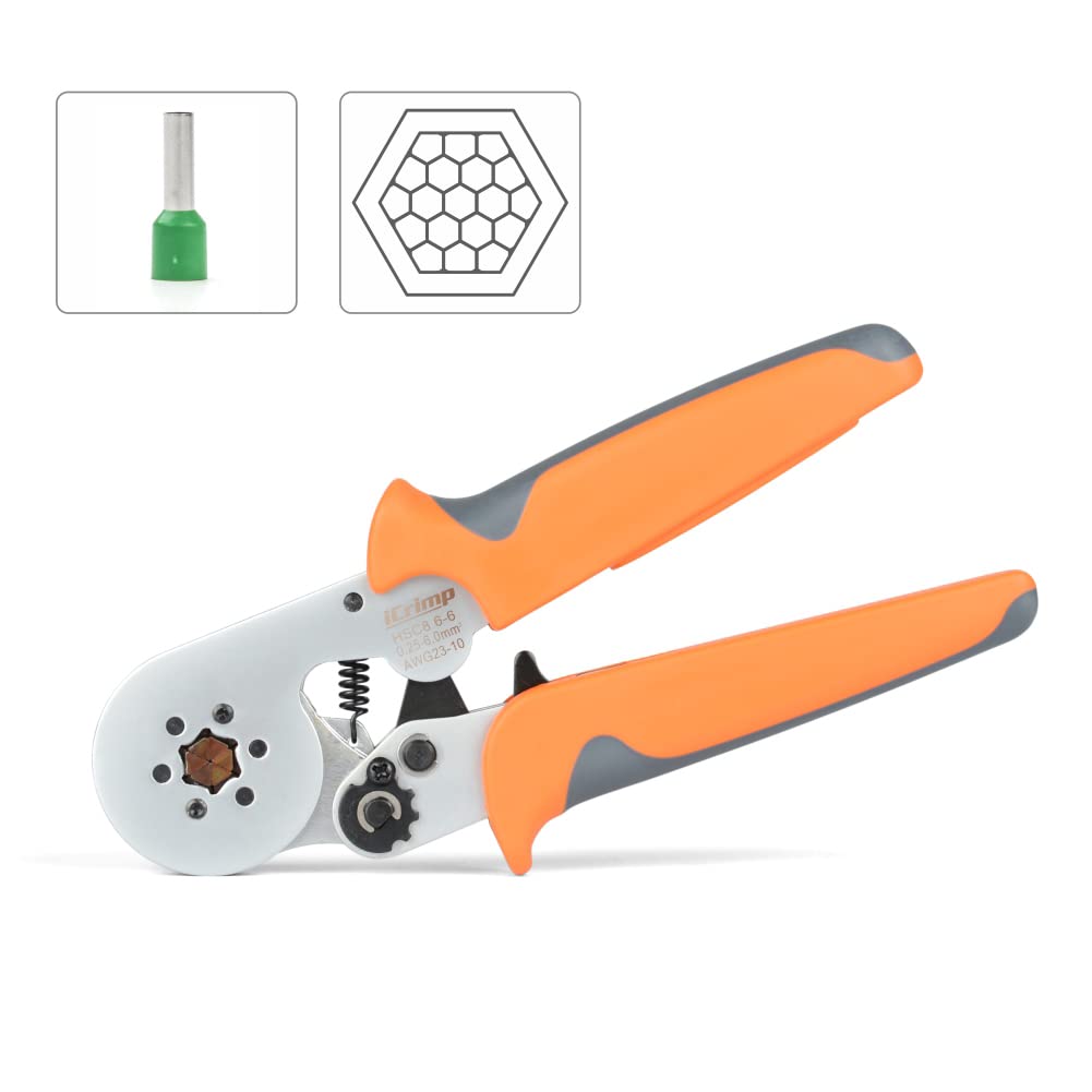 iCrimp Wire Ferrule Crimping Tool, Hexagonal Crimp Profile, Self-adjusting Wire End-sleeves Crimper for AWG23-10 Insulated Terminal & Non-insulated Ferrule