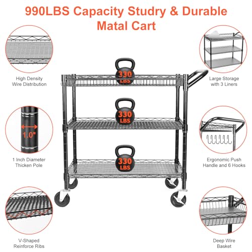 BolDuck Heavy Duty Utility Cart on Wheels,990Lbs Capacity 3 Tier Rolling Carts with Wheels,Kitchen Cart on Wheels with Storage,Commercial Grade Metal Serving Cart with Wire Shelving &Handle Bar,Black