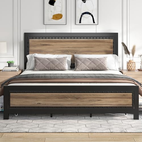 Keyluv King Bed Frame with 4 Storage Drawers, Rivet Modern Headboard and Footboard Platform Bed with Solid Wood Slats Support, No Box Spring Needed, Metal Frame Mattress Foundation Noise-Free