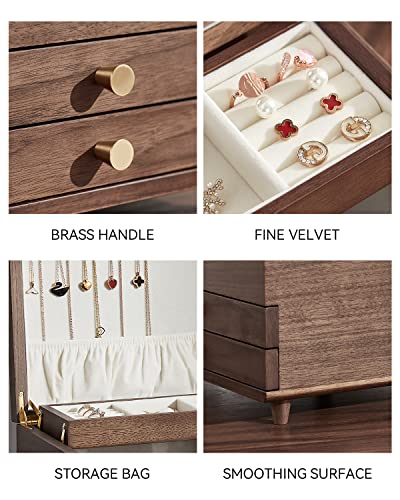 CHOSIN Wooden Jewelry Box, 3 Layer Large Jewelry Organizer for Women, Black Walnut Solid Wood, Jewelry Storage for Necklaces Rings Earring Watches Bracelets Birthday Gifts (No Mirror)