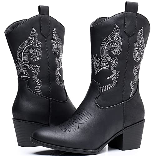 GLOBALWIN Women's White Mid Calf Cowgirl Boots Fashion Western Cowboy Boots for Women Chunky Low Heel With Side Zipper Size 6.5M
