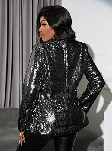 IWFEV Women's Sequins Blazer Long Sleeve Sparkle Open Front Jacket Shawl Collar Cardigan M Black