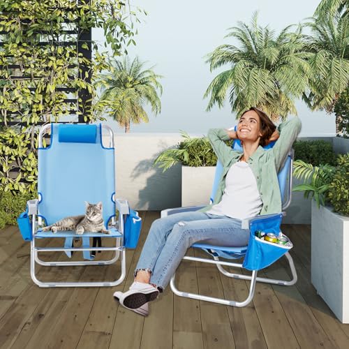 VINGLI Backpack Beach Chair 2 Pack, with 5-Position, Cup Holders, Cooler Bag, Towel Bar, Lightweight Folding Beach Camping Chairs for Adults(Blue-13)