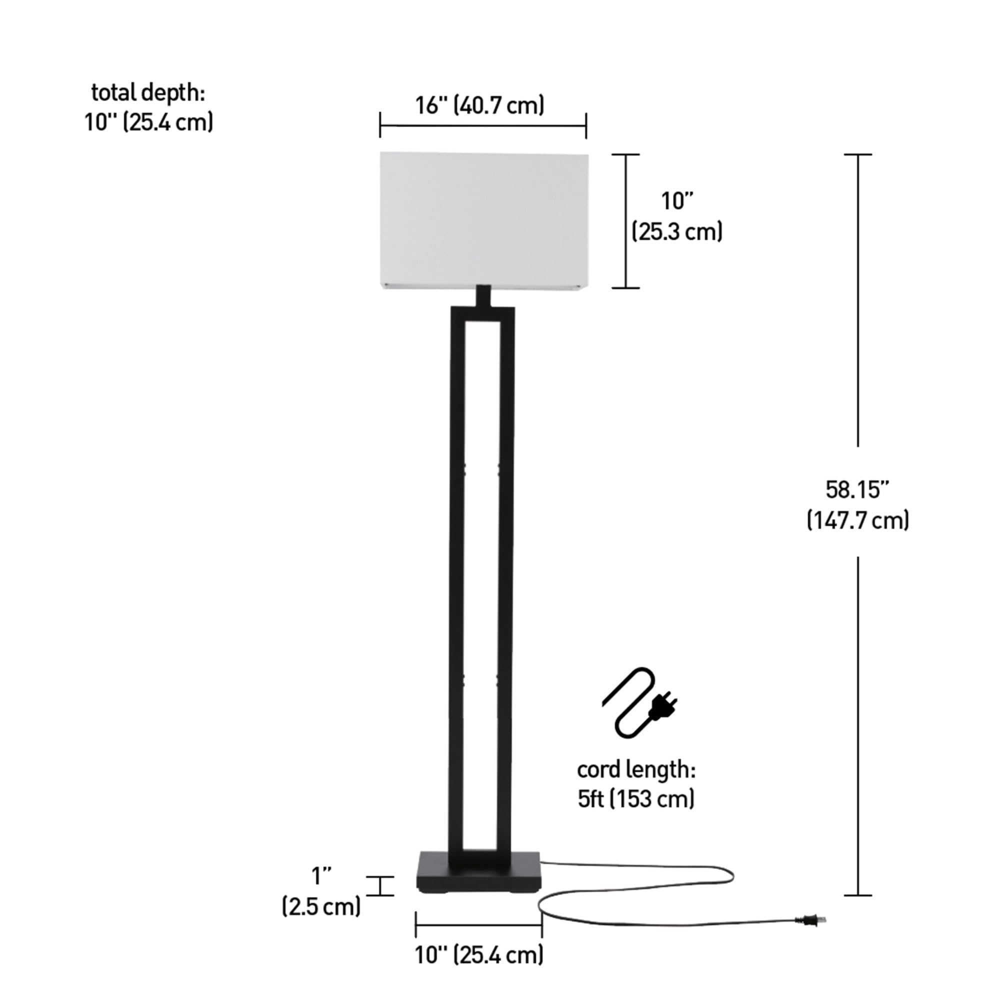 Globe Electric 67046 58" Floor Lamp, Matte Black, White Linen Shade, On/Off Socket Rotary Switch, Standing, Living Room Decor, Bedroom, Tall, Corner Light