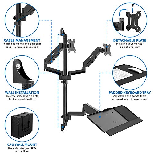 Mount-It! Wall Mount Workstation with Dual Monitor Mount, Keyboard Tray and CPU Holder, Height Adjustable Full Motion Arms, Fits Two 32 Inch Computer Screens