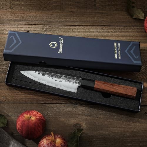 Sunnecko 5.5 Inch Fruit Knife, Kitchen Paring Knife Japanese 9CR18MOV 3-Layered High Carbon Stainless Steel Pearing Knife Wood Handle for Fruit