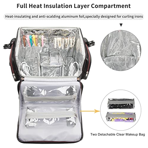 Large Makeup Train Case,Cosmetic Makeup Case for Hairstylist, Hairdresser Bag with Detachable Pouch,Heat Insulation and Anti-scalding Full layer for Hairdressing Tool Organizer Trolley with wheels