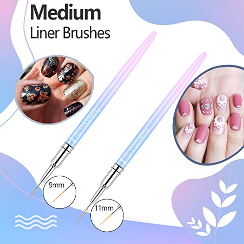 Liner Brush for Nails, 6Pcs Thin Nail Art Brushes Professional Nail Detail Brush for Gel Polish Sizes 5/7/9/11/15/25mm (Blue and Pink)