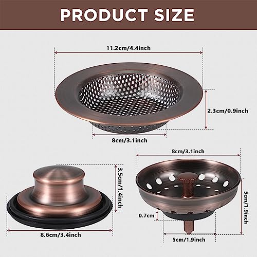 Mudder 3 Pcs Kitchen Sink Drain Strainer and Stopper Stainless Steel Garbage Disposal Plug with Handle Universal Anti-Clogging Kitchen Sink Filter Sieve Basket Strainer(Antique Copper)