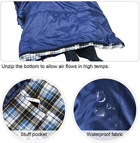 REDCAMP Cotton Flannel Sleeping Bag for Adults, XL 32F Comfortable, Envelope with Compression Sack Blue 2lbs(95"x35")