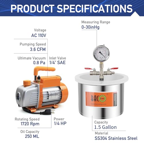 BACOENG 1 1/2 Gallon 3.6 CFM Vacuum Chamber with Pump, Degassing Vacuum Chamber Kit for Resin