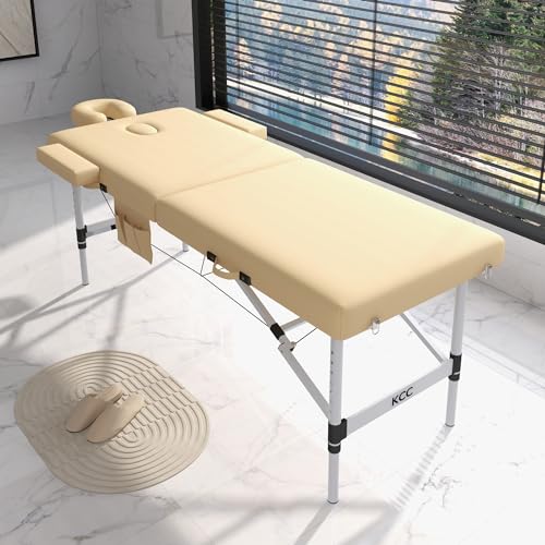 KCC Memory Foam Portable Massage Table, Foldable Tattoo Table Lash Bed Height Adjustable,28 Inchs Wide Home Salon Spa Bed Accessories &Carrying Case,Easy Set Up,Lightweight Aluminium Leg,Beige