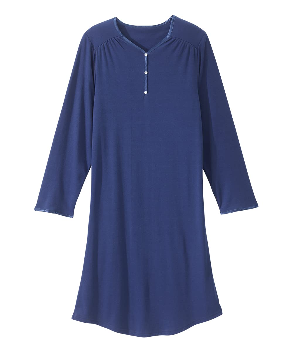 Women’s Open Back Adaptive Henley Nightgown - Long Sleeve Hospital Gown for Seniors with Satin Trim - Navy 3XL