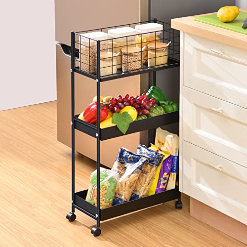 KINGRACK 3-Tier Metal Rolling Utility Cart, Slim Storage Cart, Slide Out Storage Cart, Small Rolling Trolley Kitchen Cart, Cart for Bathroom Laundry Room Office Narrow Place, Black