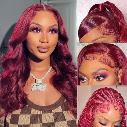 Bestdilin 13x4 99j Burgundy Lace Front Wigs Human Hair 220% Density Body Wave Lace Frontal Wig Pre Plucked with Baby Hair 20 Inch HD Transparent Lace Wine Red Colored Glueless Wigs for Women
