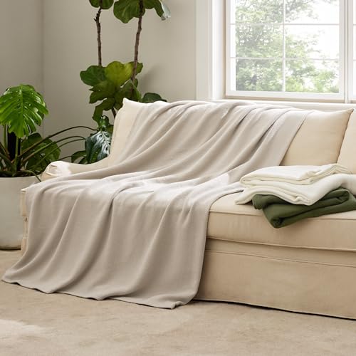 Bedsure 100% Cotton Blanket Twin XL Size for Bed - Soft Cozy Herringbone Woven Blanket for Summer, Breathable and Lightweight Thermal Blanket, Linen Beige, 66x90 inches
