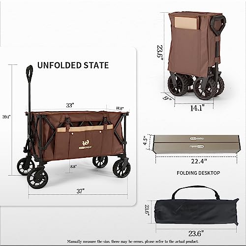 Whitsunday Folding Collapsible Wagon,Camping Large Capacity Heavy Duty Wagon Outdoor Park Beach Wagon Cart with Table Top,Utility Grocery Wagon for Camping Sports Outdoor Shopping Brown