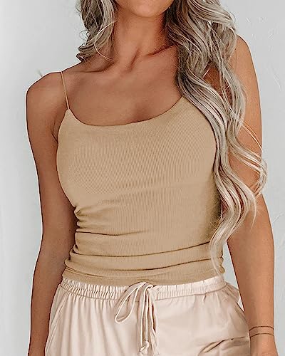 zhaistar Women's Ribbed Spaghetti Strap Tank Tops Sexy Cami Crop Top Casual Summer Apricot S