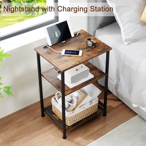 AMHANCIBLE Night Stand, Side Table, End Table with Charging Station, Nightstands Set of 2, Bedside Table Set of 2,Side Tables Bedroom Set of 2, Rustic Brown HET033BR