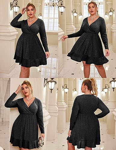 IN'VOLAND Women's Sexy Dress Plus Size Deep V Neck Long Sleeve Ruched Sparkly Club Cocktail Dresses Wine Red