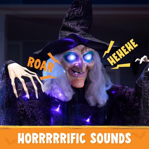 JOYIN 72” Hanging Witch Decor Halloween Decorations Indoor, Talking Halloween Witch on Broom Light Up Witch Decoration Purple Eyes Sound Activation Haunted House Party Supplies Prop Décor Modern