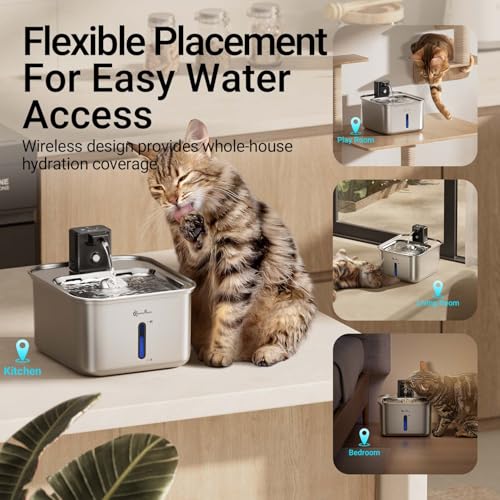 DownyPaws Cat Water Fountain Stainless Steel Wireless, 101 oz/3L FurSink Battery Operated Cat Water Dispenser for Pets Indoor, Cordless Dog Drinking Fountain with Motion Sensor, Easy to Clean, Black