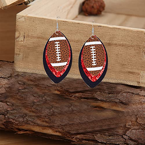Colorful 3 Layered Rugby Football Dangle Earrings Glitter Faux Leather PU Football Sports Lover Teardrop Earrings for Women Jewelry (A)
