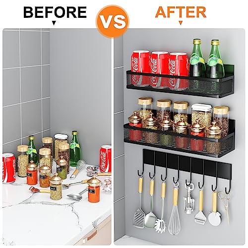 Aufworld Magnetic Spice Rack for Refrigerator, 3 Pack Magnetic Shelf, Moveable Fridge Organizer with 8-Hook Rack, Seasoning Organizer for Kitchen