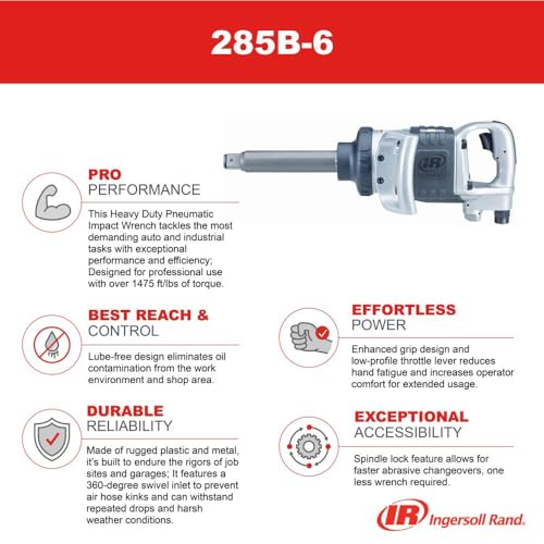 Ingersoll Rand 285B-6 1-Inch Cordless Pneumatic Impact Wrench with 6-Inch Extended Anvil and 2 Handles