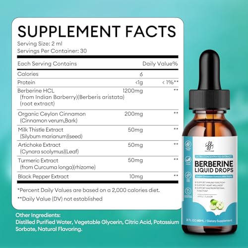 Berberine HCL 1200mg, 6-in-1 Berberine Complex Liquid drop for Cardiovascular Care & Body Management, Berberine with Ceylon Cinnamon, Antioxidant & Heart Health Support, Apple Flavor, 2 Fl Oz